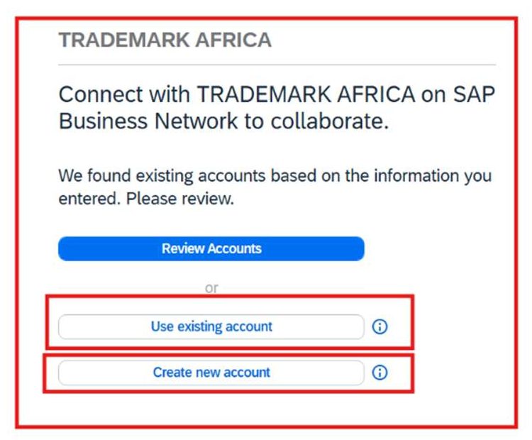 The SAP Business Network connection screen for TRADEMARK AFRICA, offering a Review Accounts button and, below it, the choices Use existing account and Create new account.