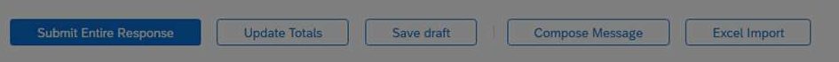The row of action buttons at the foot of an SAP Ariba sourcing event: Submit Entire Response, Update Totals, Save draft, Compose Message and Excel Import.