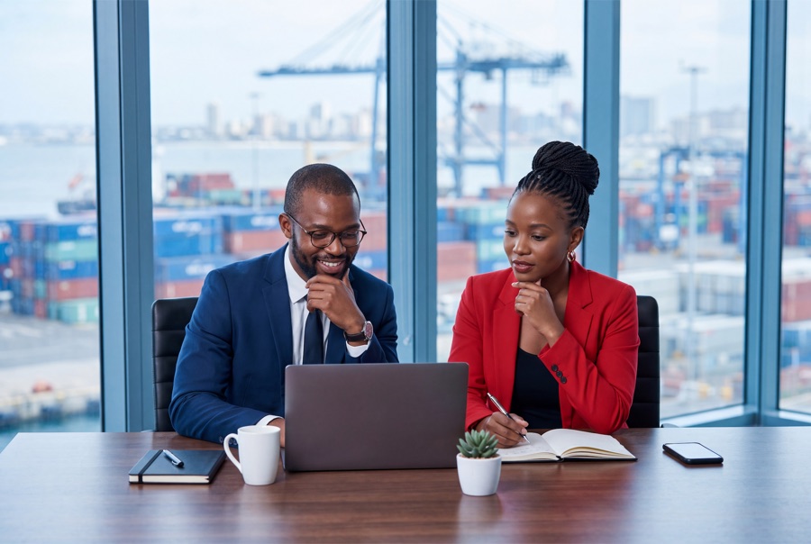 Two business professionals reviewing a tender together on a laptop, with a container port and city skyline visible through the boardroom window behind them.