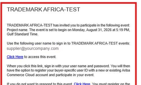 An SAP Ariba invitation email from TradeMark Africa. The message says the supplier has been invited to participate in an event, gives the user name to sign in with, and provides a Click Here link to access the event.