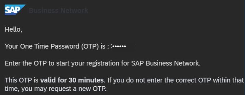 The SAP Business Network one-time password email. The code itself is masked; the message states the OTP is valid for 30 minutes.