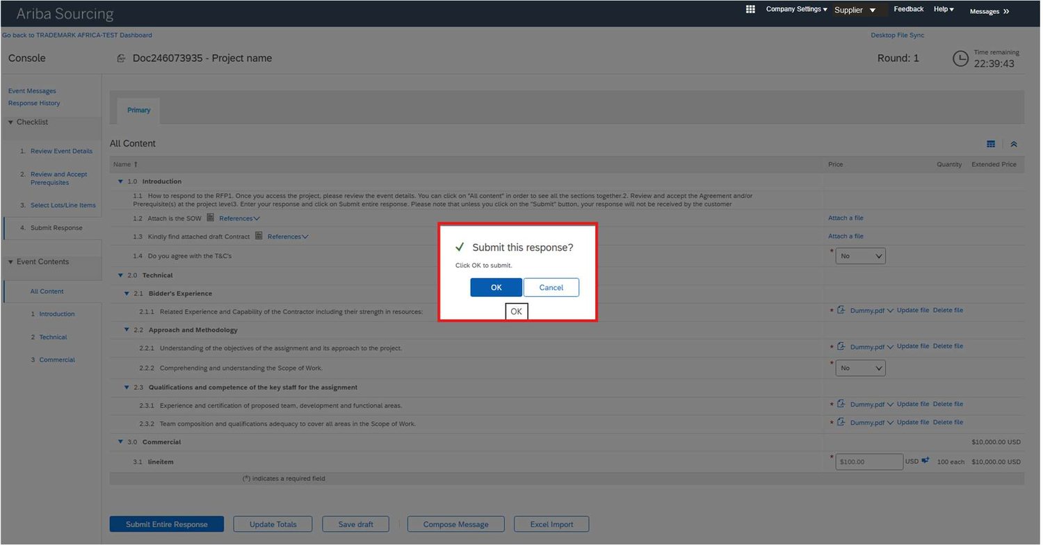 The SAP Ariba sourcing console. A left-hand checklist runs from Review Event Details to Submit Response, response rows are marked with red asterisks and Attach a file links, a countdown clock shows the time remaining, and a dialog asks Submit this response?